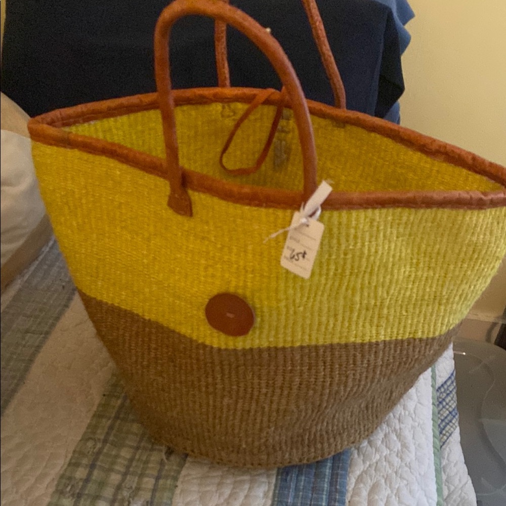 Two-Tone Yellow and Brown Woven Tote Bag